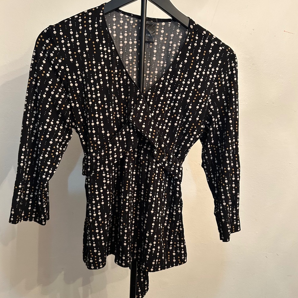 JTB Black Polka Dot 3/4 Sleeve Blouse V Neck Wrap Tie Waist Top